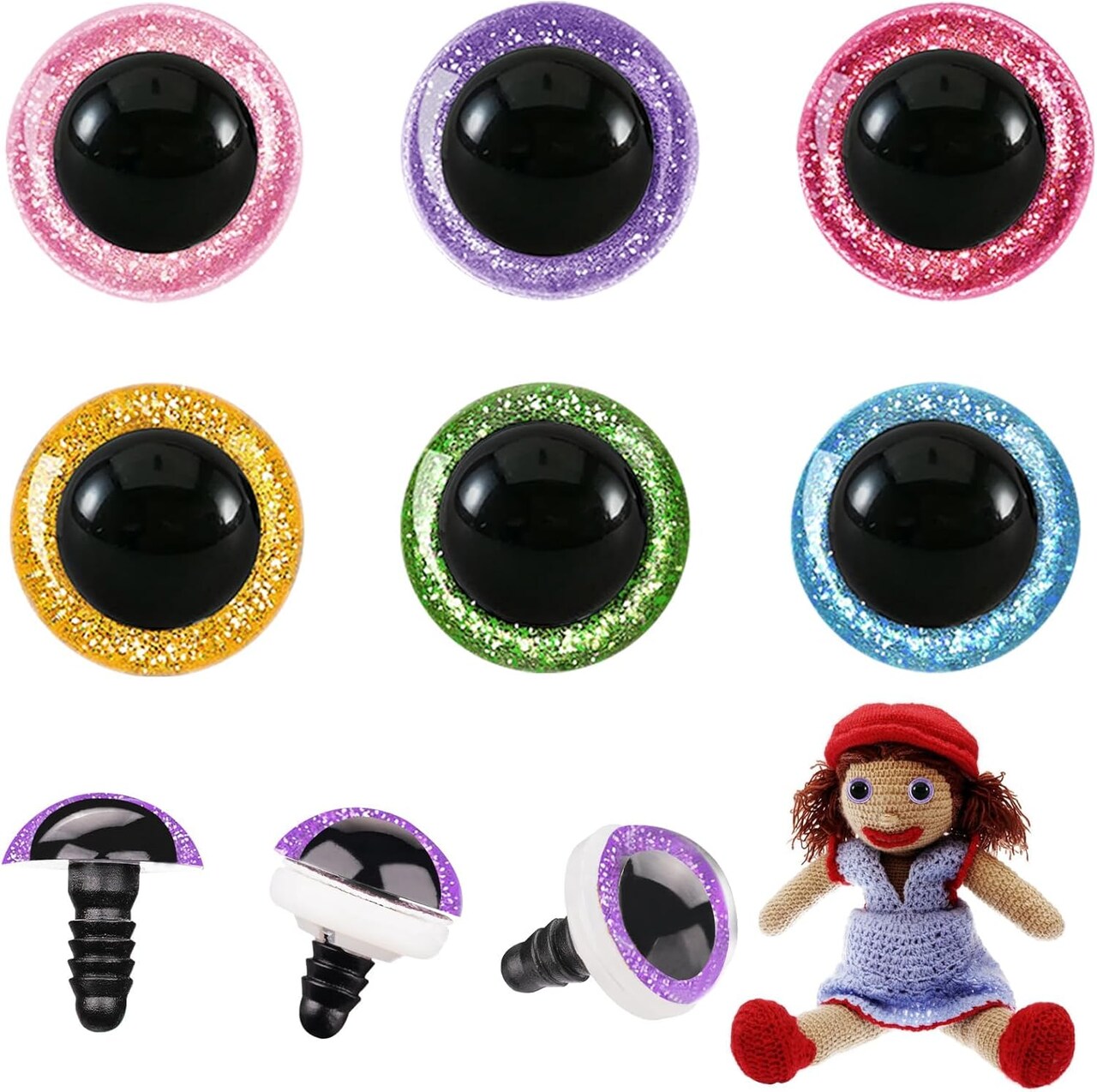 40PCS 30mm Glitter Safety Eyes for Amigurumi – Plastic Crochet Doll Eyes with Washers for Plush Toys, Bears, and DIY Crafts